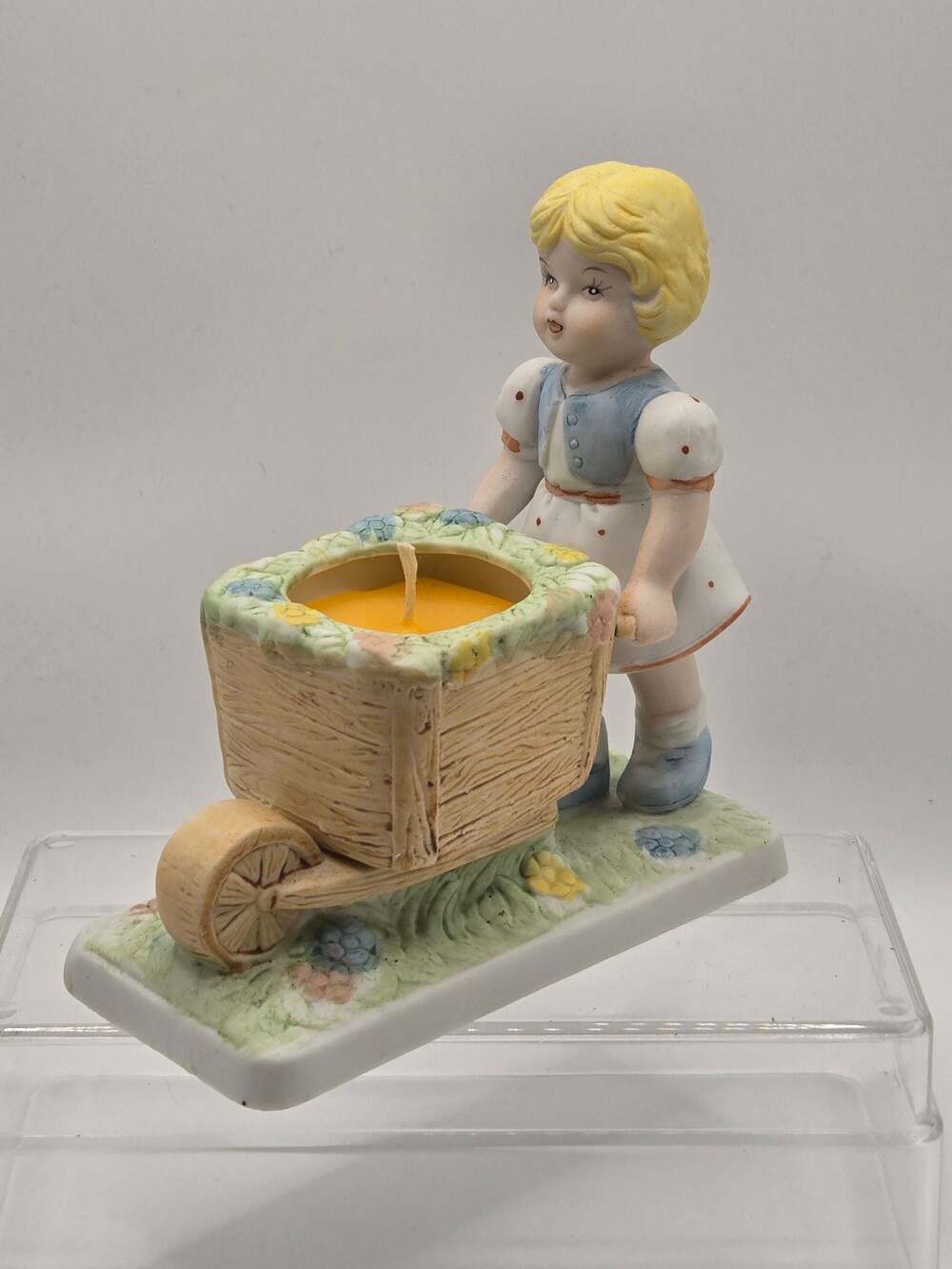 VTG Ceramic Girl with Wheelbarrow, Hand Poured Bees Wax Candle